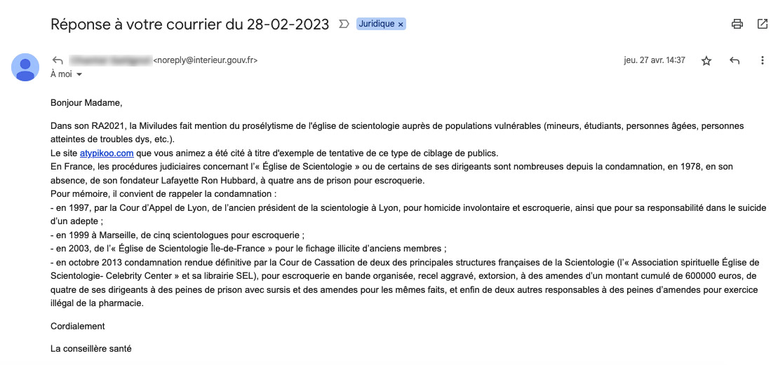 R&eacute;ponse MIVILUDES