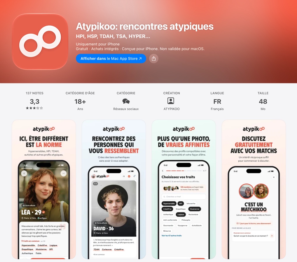Fiche App Store d'Atypikoo : captures des profils, des traits en commun et de la discussion gratuite après un Matchikoo