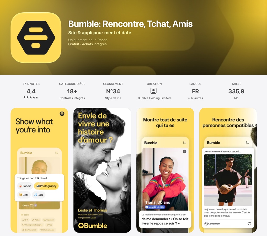Fiche App Store française de Bumble, l'application de rencontre qui proposait le mode BFF