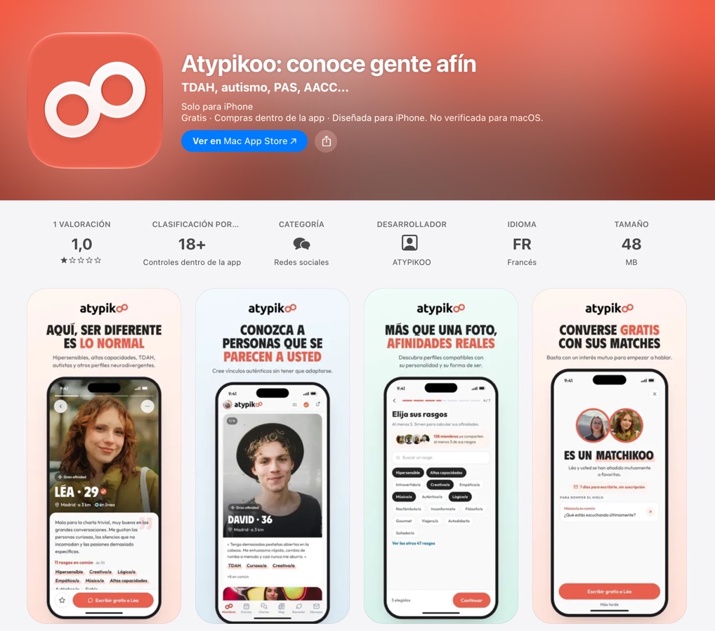 Ficha de Atypikoo en la App Store de España: perfiles con rasgos en común y conversación gratuita tras un Matchikoo