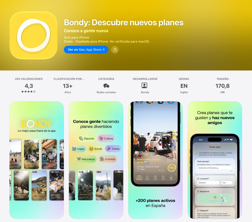 Ficha de Bondy en la App Store de España: capturas de planes de grupo para conocer gente