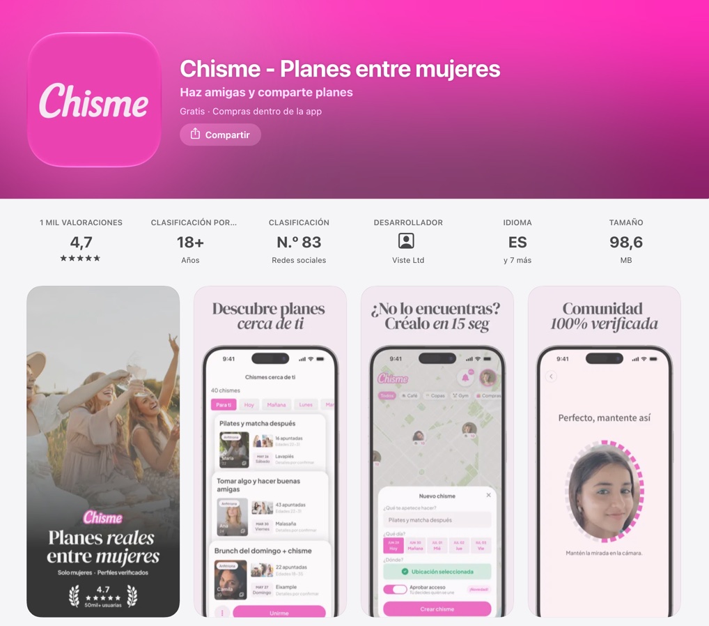 Ficha de Chisme en la App Store de España: valoración 4,7, planes entre mujeres y verificación por selfie