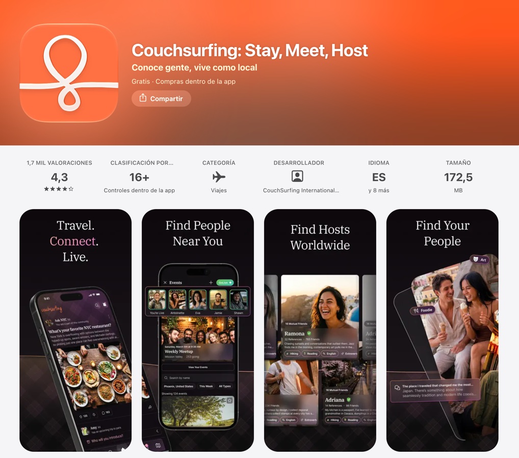 Ficha de Couchsurfing en la App Store de España: viajeros, anfitriones y eventos