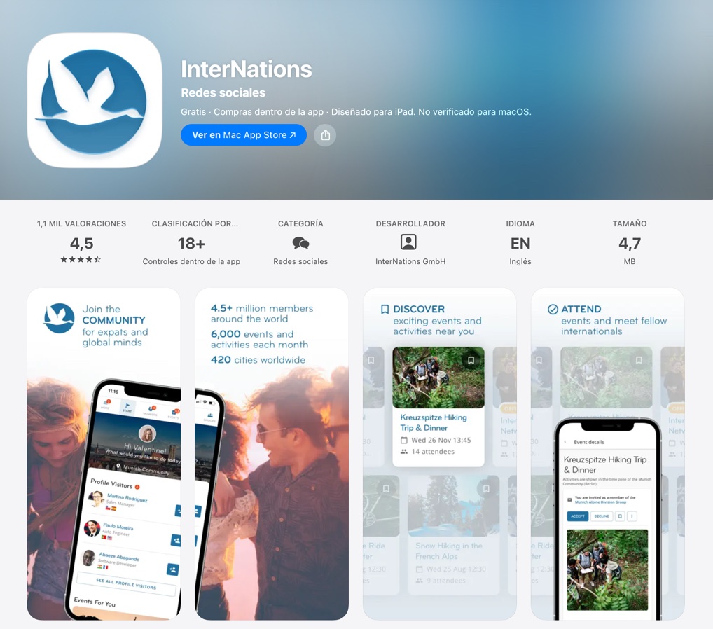 Ficha de InterNations en la App Store de España: red de expatriados y eventos