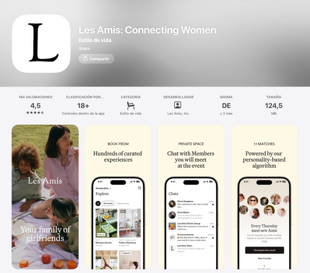 Ficha de Les Amis en la App Store de España: club de mujeres con experiencias en grupos pequeños