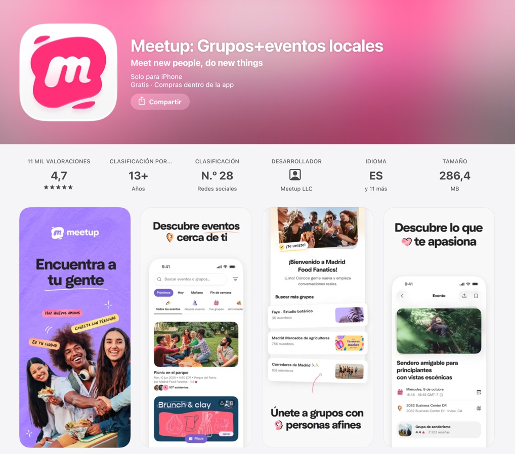 Ficha de Meetup en la App Store de España: valoración 4,7, capturas de grupos y eventos locales