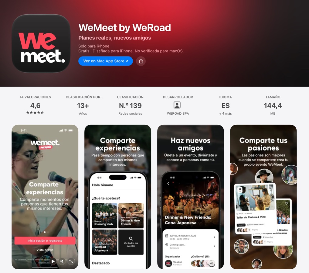 Ficha de WeMeet by WeRoad en la App Store de España: capturas de afterworks y planes de grupo