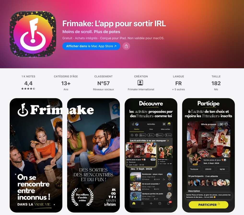 Fiche App Store de Frimake : noté 4,4 sur 5, captures des activités proposées entre membres