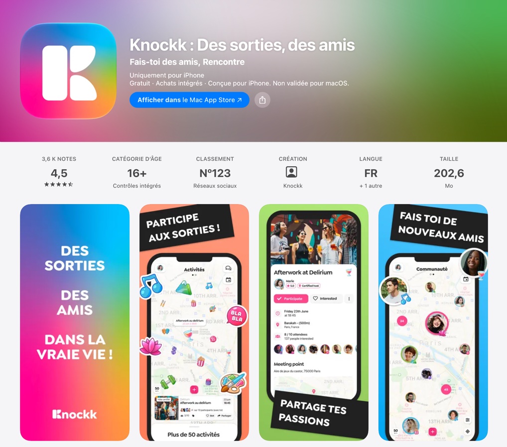 Fiche App Store de Knockk : noté 4,5 sur 5, captures des sorties entre membres