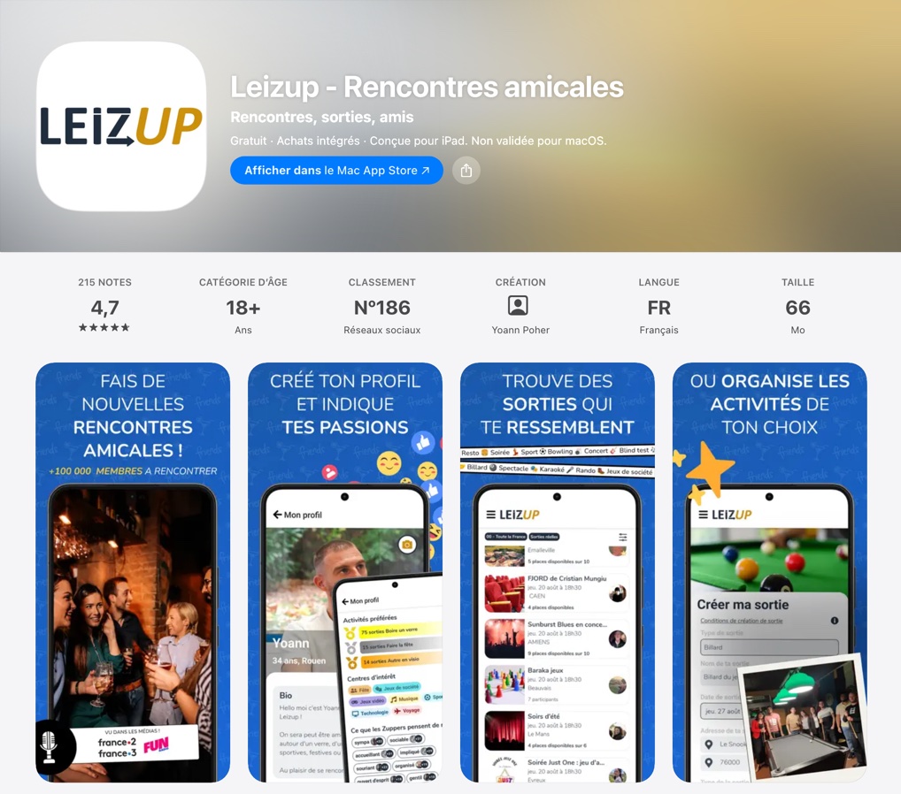 Fiche App Store de Leizup : noté 4,7 sur 5, captures des sorties et des filtres