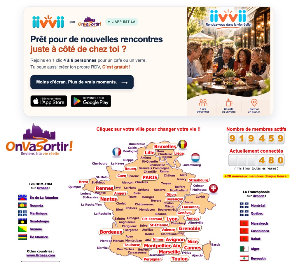 Page d'accueil d'OnVaSortir : carte des villes, compteur de membres et bandeau de l'application iivvii