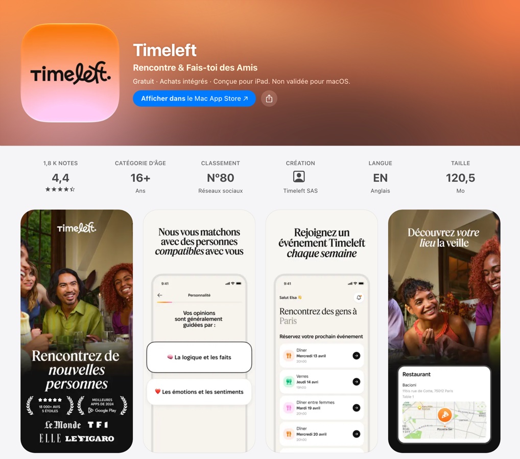 Fiche App Store de Timeleft : noté 4,4 sur 5, captures des dîners entre inconnus