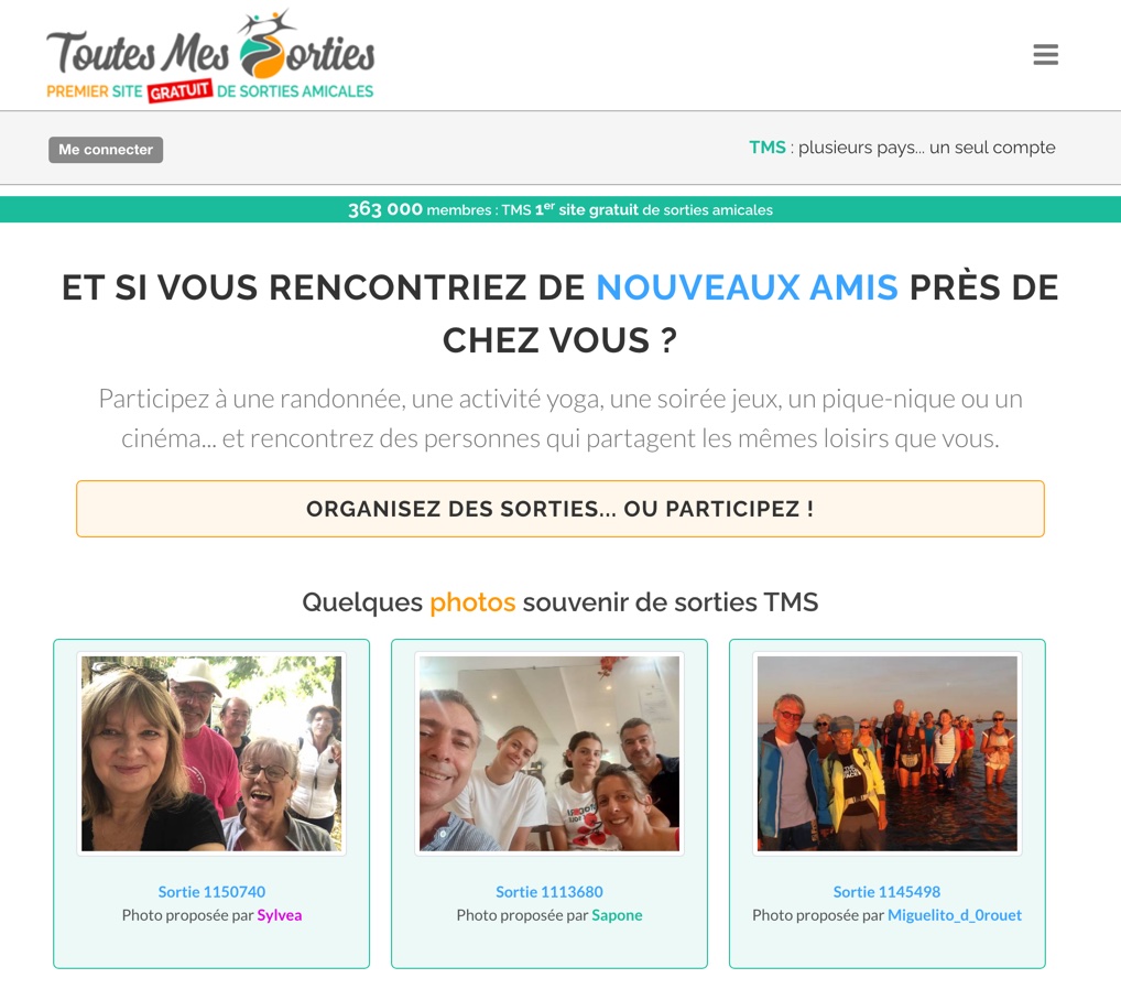 Page d'accueil de Toutes Mes Sorties (TMS), site gratuit de sorties amicales revendiquant 363 000 membres