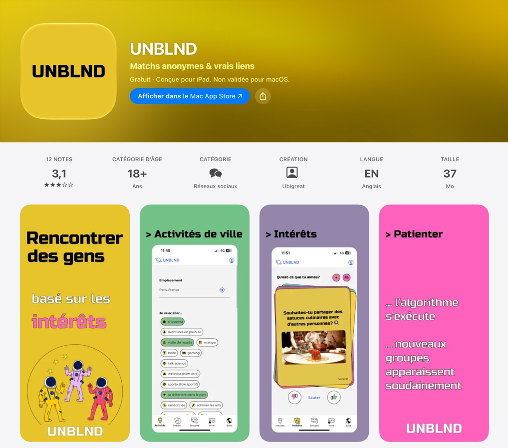 Fiche App Store de UNBLND : captures des groupes formés par centres d'intérêt