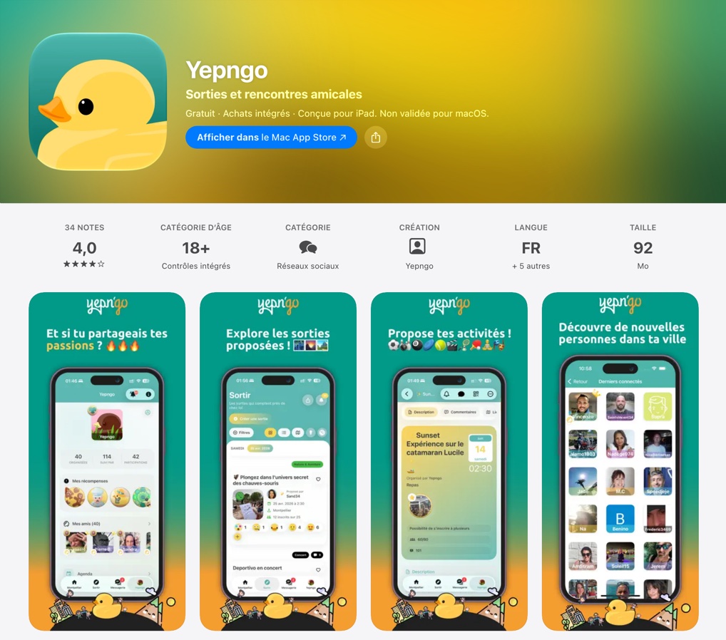 Fiche App Store de YepnGo : captures des sorties locales entre Yeppers